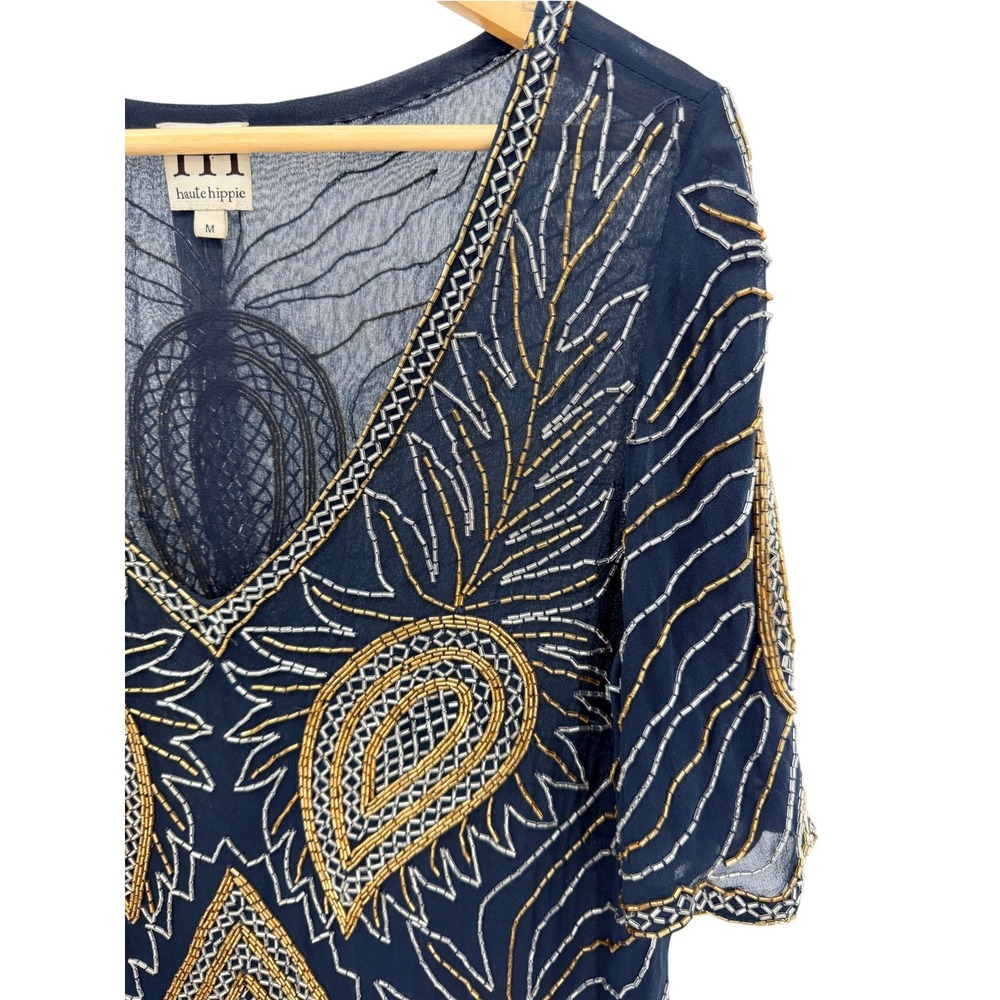 Haute Hippie Silk Beaded Tunic Top Womens M Navy Gold Paisley Mini Dress Flawed - Picture 2 of 12